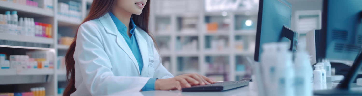 female pharmacist computer